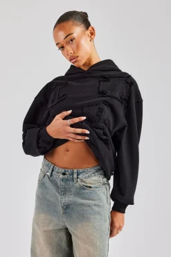 Women CLO-TOP-HS-HOOD Womens Distressed Applique Hoodie  - Black
