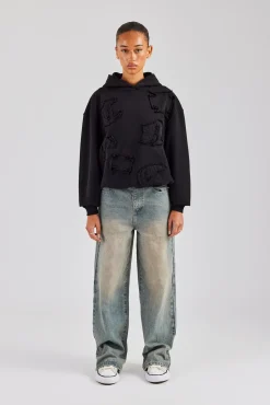 Women CLO-TOP-HS-HOOD Womens Distressed Applique Hoodie  - Black