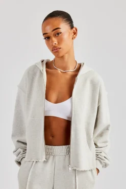 Women CLO-TOP-HS-HOOD Womens Exposed Seam Zip Through Hoodie - Grey Marl