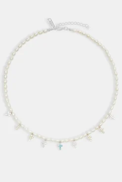 Women JWL-NECK-PRL Womens Freshwater Pearl & Multi Colour Ice Cross Necklace - White