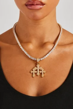 Women JWL-PEND Women's Triple Cross Pendant & 5mm Tennis Chain - Gold