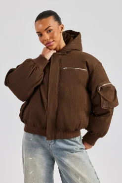 Women CLO-TOP-OUT Womens Twill Utility Cargo Bomber Jacket - Chocolate