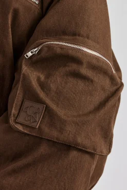 Women CLO-TOP-OUT Womens Twill Utility Cargo Bomber Jacket - Chocolate