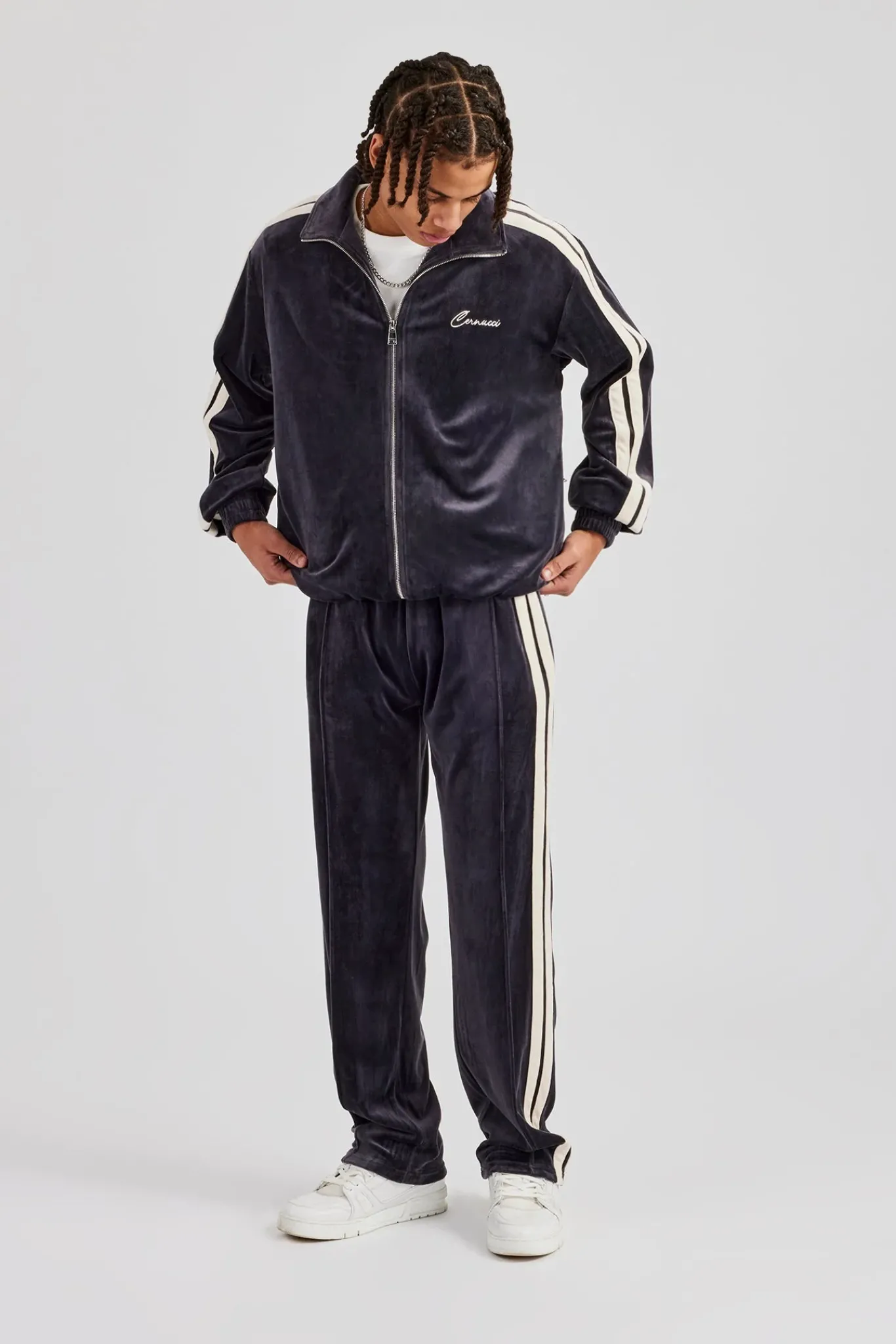 CLO-SET Zip Through Taping Velour Tracksuit - Charcoal