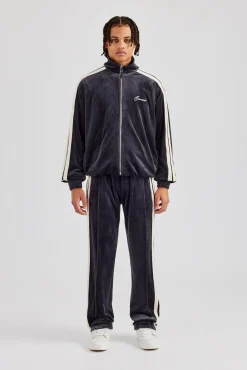 CLO-SET Zip Through Taping Velour Tracksuit - Charcoal