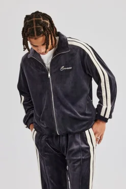 CLO-TOP-OUT Zip Through Taping Velour Track Jacket - Charcoal