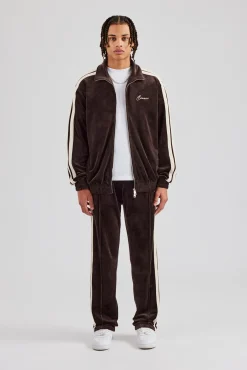 CLO-SET Zip Through Taping Velour Tracksuit - Chocolate