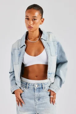Women CLO-TOP-OUT-DEN Zip Up Denim Jacket - Ice Blue